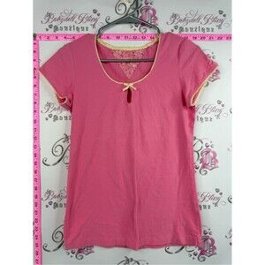 Jr T-shirt yellow lace bow y2k  Pink Short-Sleeve Knit Top with Lace Trim